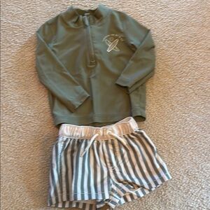 Green Rash Guard and Striped Swim Shorts Set- 6 months